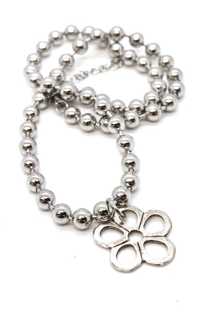 Single Silver Ball Chain Necklace with Fun Flower Charm N2-S266S2 -The Classics Collection-