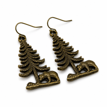 Load image into Gallery viewer, Antique Brass Bear and Tree Earrings - E9-118
