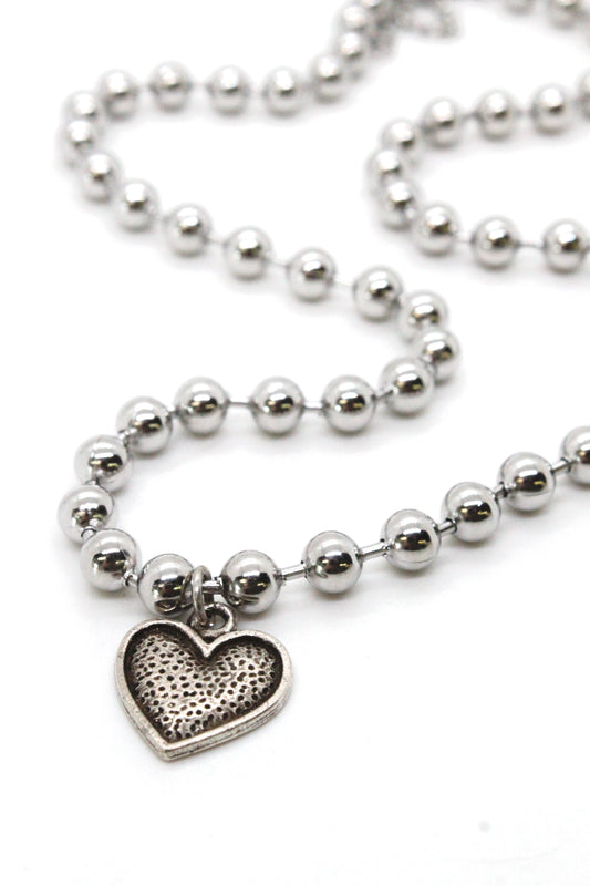 Single Silver Ball Chain Necklace with Small Heart Charm -The Classics Collection-