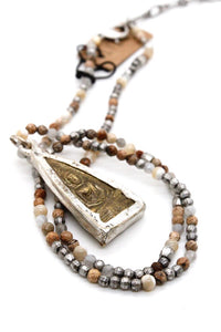 Mother of Pearl and Metal Mix Beaded Necklace with Two Tone Reversible Buddha Charm -The Buddha Collection- NS-JMOP-B