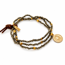 Load image into Gallery viewer, Stretch 3 Strand Faceted Pyrite Bracelet French Religious Medal- FMB22
