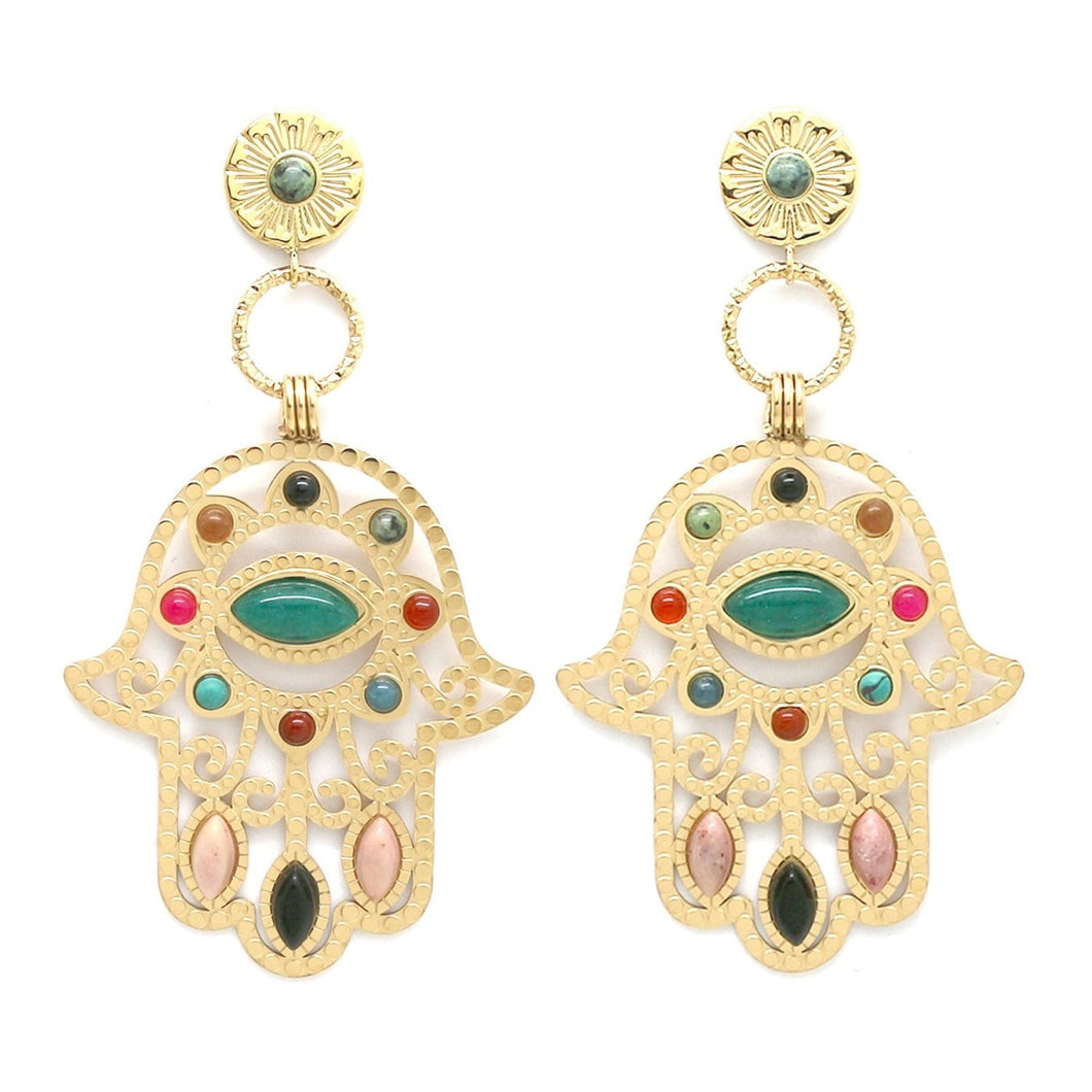 Gold Hamsa with Mini Stones Earrings - E4-342
