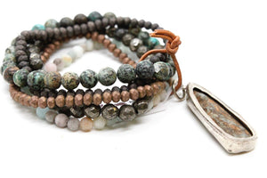 African Turquoise and Crystal Mix Bracelet with Buddha Charm-The Buddha Collection- BL-4019-LB