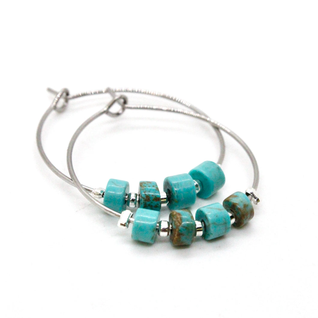 Natural Turquoise Silver Hoop Earrings E7-007S -Stone Collection-