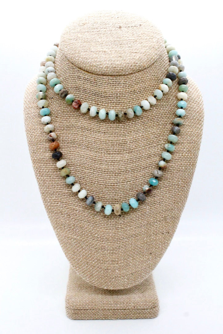 Hand-Knotted Long Faceted Amazonite Rondelle Bead Necklace - NL