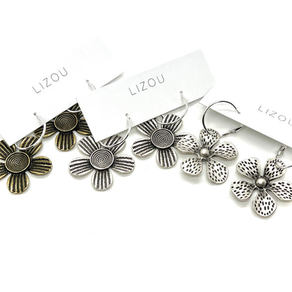 Textured Silver Artsy Daisy Flower Hoop Earrings - E9-085