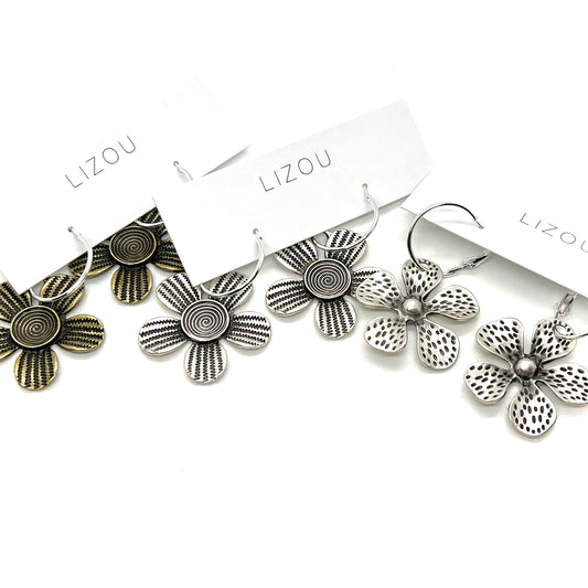 Textured Brass Artsy Daisy Flower Hoop Earrings - E9-086