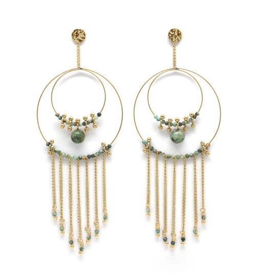 Unique Double Hoop African Turquoise Metal Fringe Dangle Earrings -French Flair Collection- E4-136