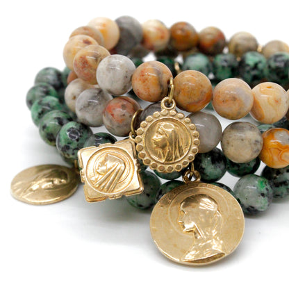 Single Stone Bracelet with Gold French Religious Charm -French Medals Collection-