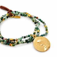 Load image into Gallery viewer, Stretch 3 Strand Mini Faceted Indian Agate Bracelet French Religious Medal- FMB19
