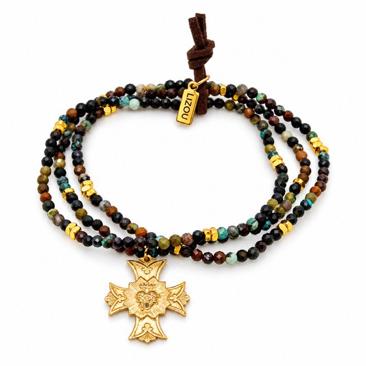 Stretch 3 Strand Mini Faceted African Turquoise Bracelet French Religious Medal- FMB16