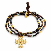 Load image into Gallery viewer, Stretch 3 Strand Mini Faceted African Turquoise Bracelet French Religious Medal- FMB16
