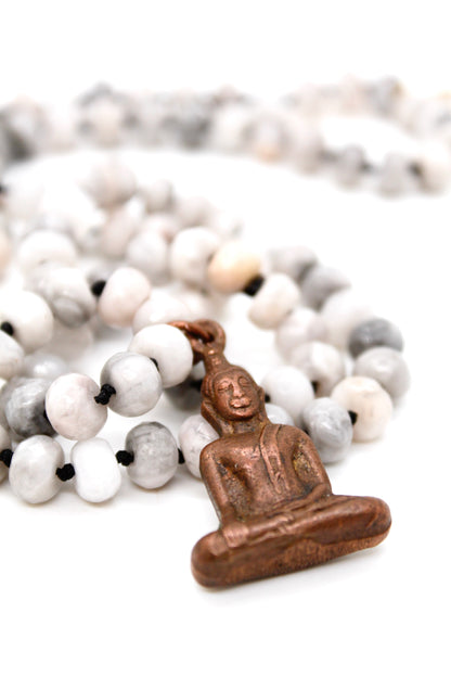 Copper Sitting Buddha on White Lace Agate Knotted Necklace