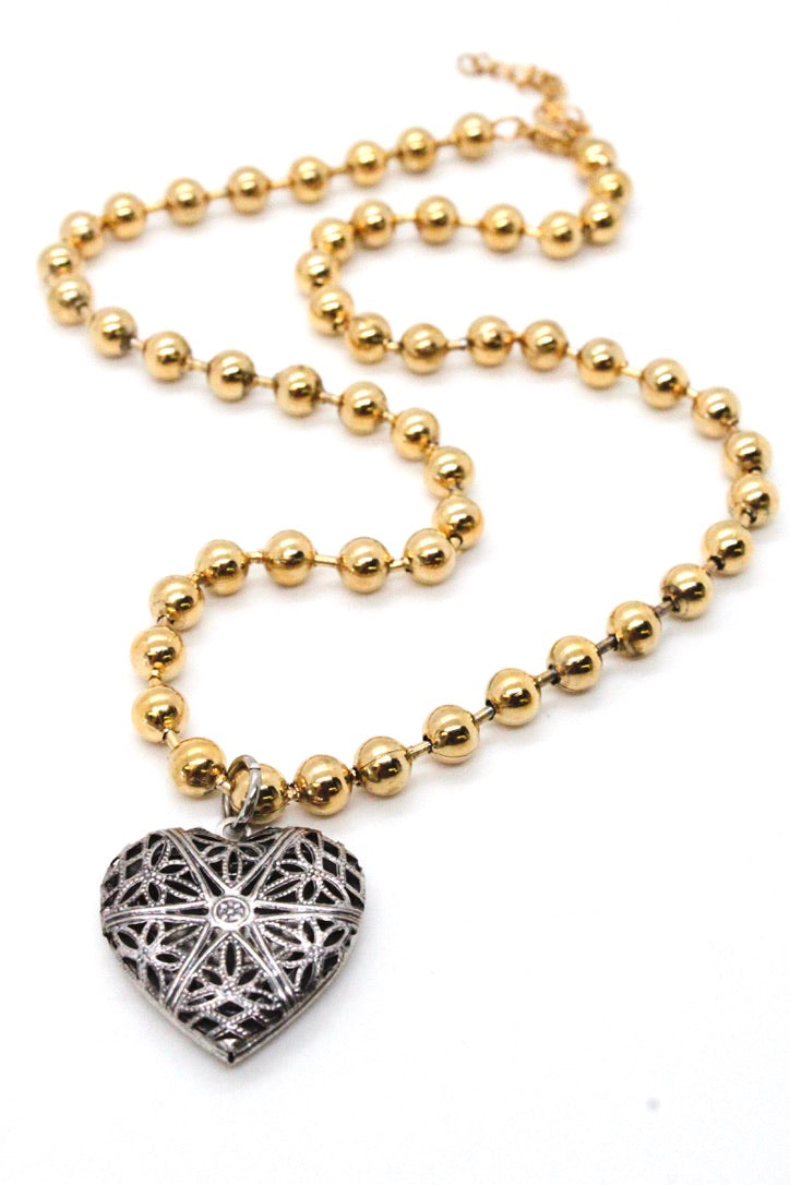 Single Gold Plate Ball Chain Necklace with Heart Locket N2-S063-2g -The Classics Collection-