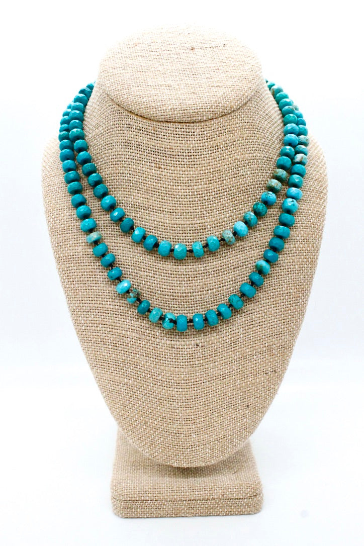 Hand-Knotted Long Faceted Rich Turquoise Rondelle Bead Necklace