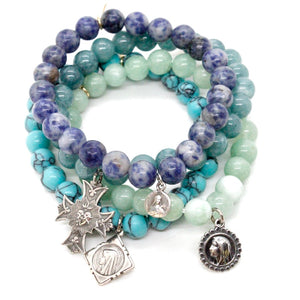 Semi Precious Stone Stretch Stack Bracelet with Sterling French Medal Charms -French Medals Collection-