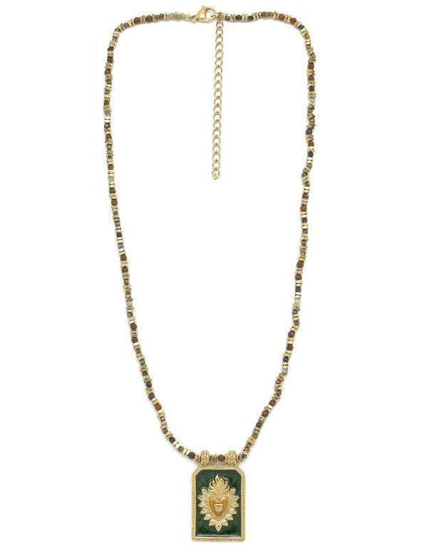 Flaming Heart Forest Green Charm Necklace - N2-2649
