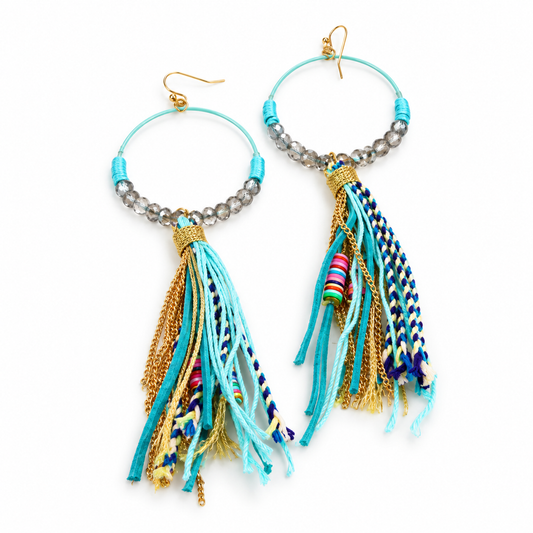 Crystal Beaded Hoop Earrings - E001T-Blue