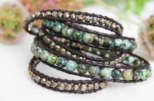 Load image into Gallery viewer, Eve - African Turquoise and Pyrite Leather Wrap Bracelet
