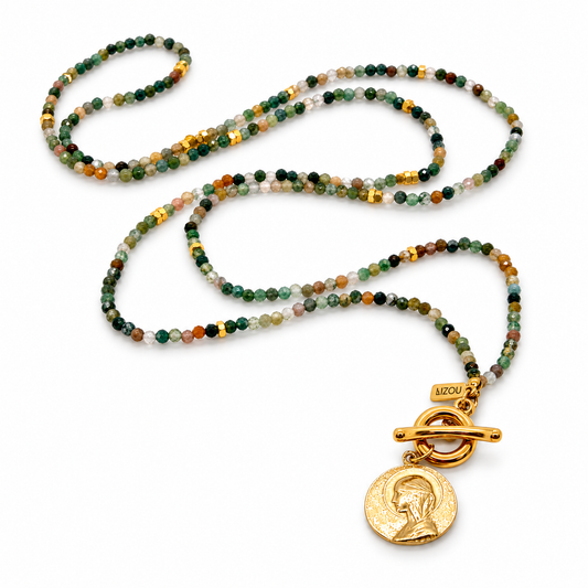 Faceted Mini Indian Agate Long Delicate French Religious Medal Necklace- FMN27