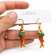 Load image into Gallery viewer, Large Colorful Gold Fish Dangle Earrings  - E4-479L
