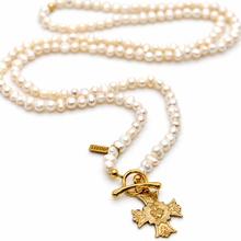 Load image into Gallery viewer, Mini Freshwater Pearl Cross French Religious Medal Long Necklace - FMN07
