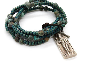 African Turquoise and Crystal Bracelet with Silver Lakshmi Charm -The Buddha Collection- BL-4020-SC