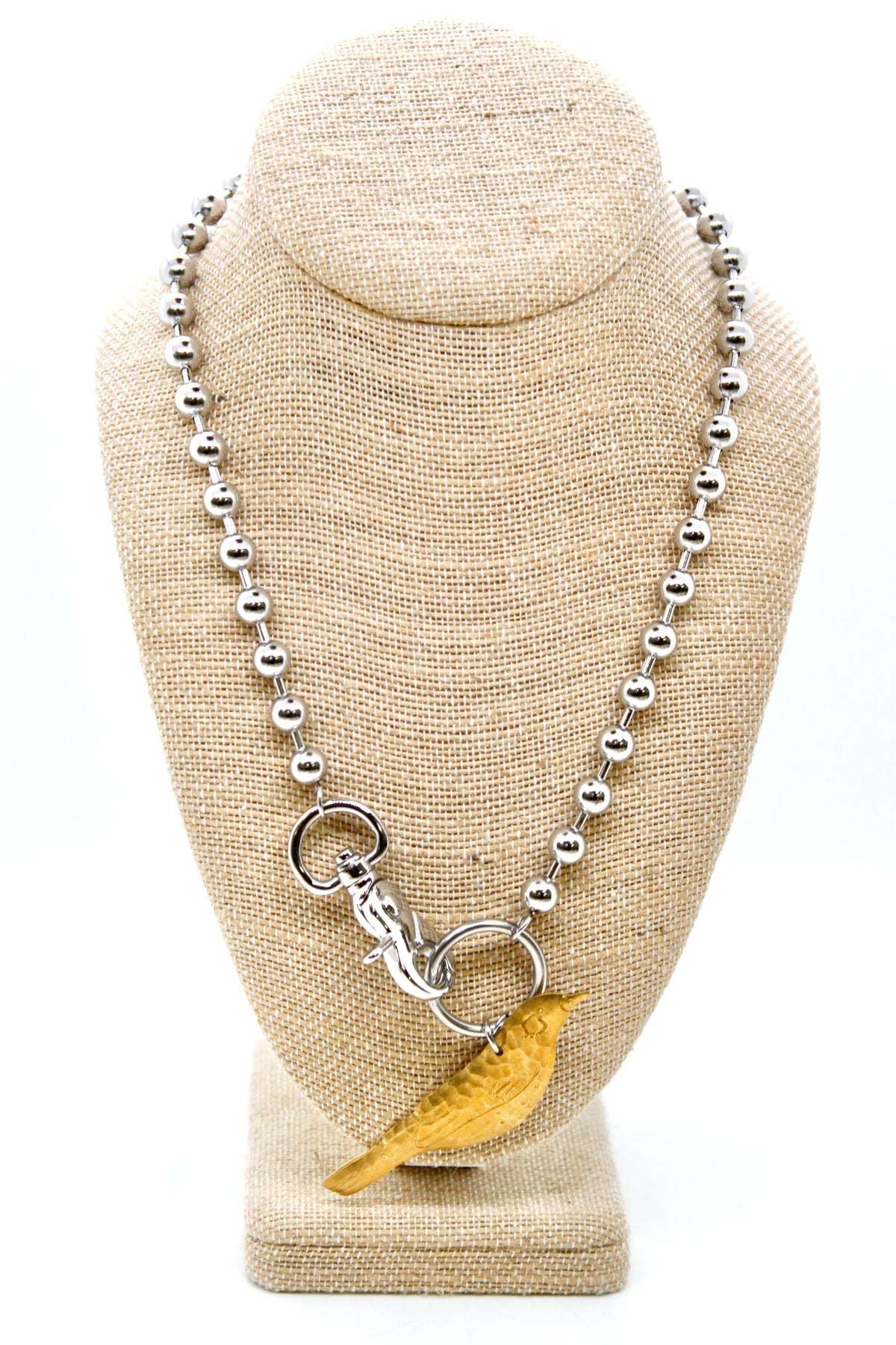 Perched Brass Bird Convertible Silver Chain Necklace
