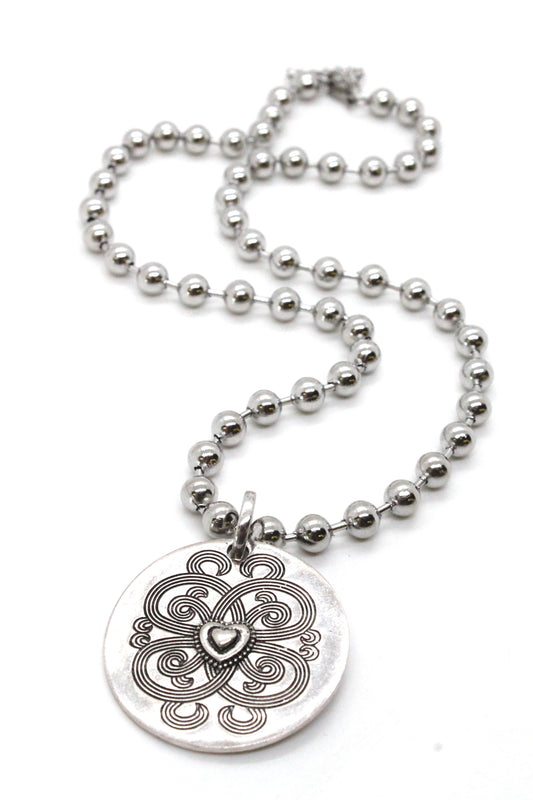 Single Silver Ball Chain Necklace with Disc Heart Charm -The Classics Collection-