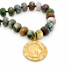 Load image into Gallery viewer, Indian Agate Rondelle Bead Hand-knotted French Religious Medal Short Necklace- FMN30
