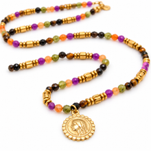 Load image into Gallery viewer, Orange Pink Semi Precious Stone Necklace Religious French Medal - FMN01C
