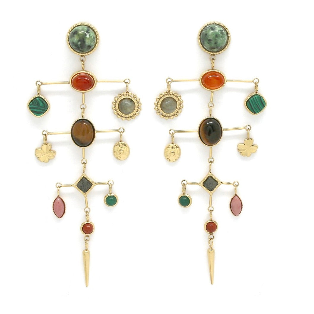 Museum Style Artsy Semi Precious Stone Mobile Earrings - E4-347