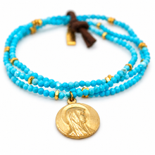 Load image into Gallery viewer, Stretch 3 Strand Mini Faceted Turquoise Bracelet French Religious Medal- FMB14
