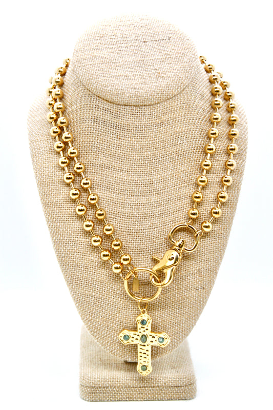 African Turquoise Cross Convertible Gold Chain Necklace