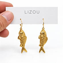Load image into Gallery viewer, Large Gold Fish Dangle Earrings  - E4-478L
