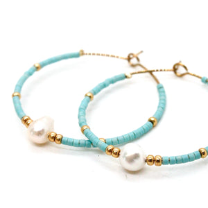 Freshwater Pearl Light Blue and Gold Miyuki Seed Bead Earrings E8-040