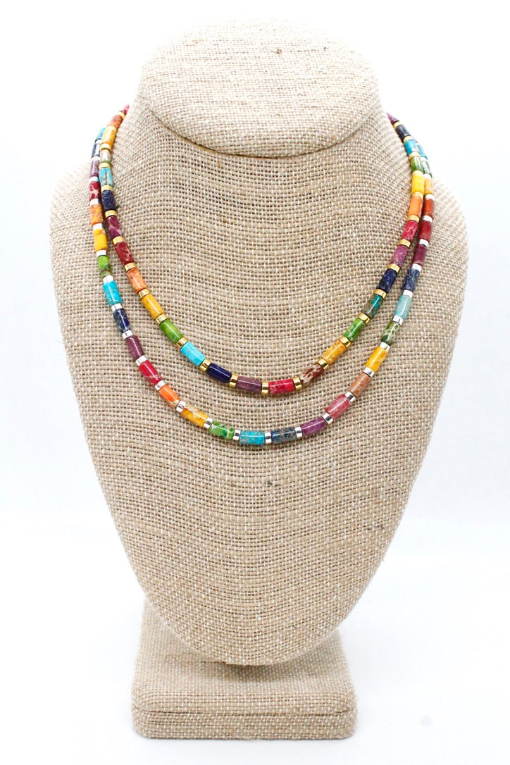 Multi Color Stone and Short Beaded Necklace