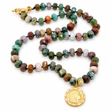 Load image into Gallery viewer, Indian Agate Rondelle Bead Hand-knotted French Religious Medal Short Necklace- FMN30
