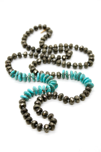 Hand-Knotted Thin Turquoise and Pyrite Beaded Necklace - NL-PYT