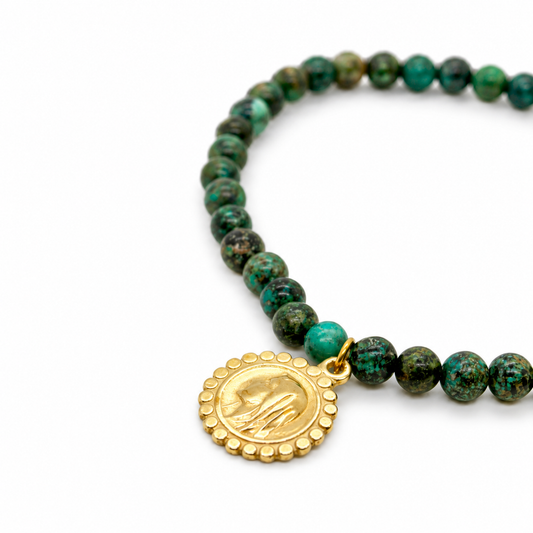 Stretch African Turquoise Bracelet French Religious Medal - FMB18B