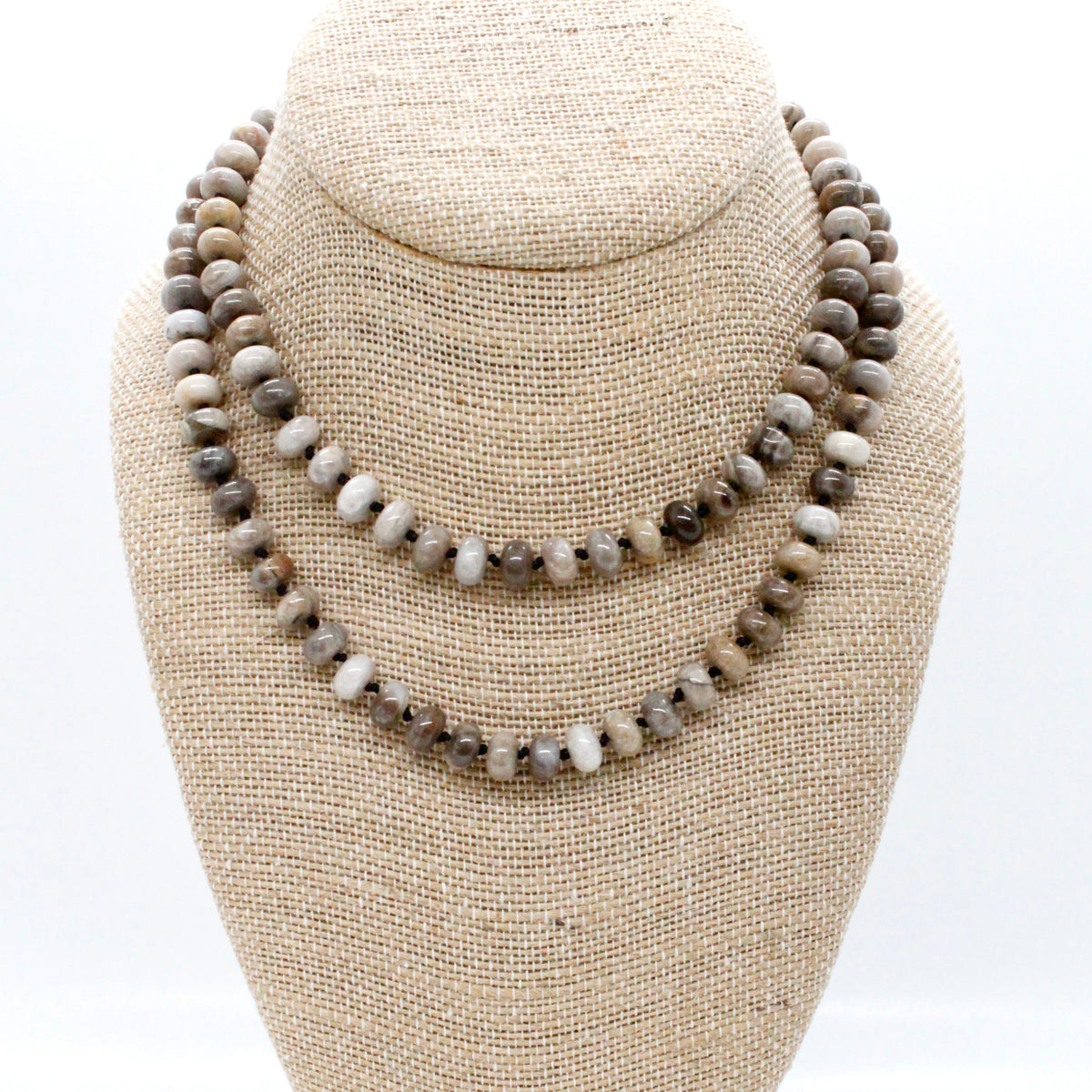 Hand-Knotted Long Silver Leaf Jasper Bead Necklace - NL-SLJ
