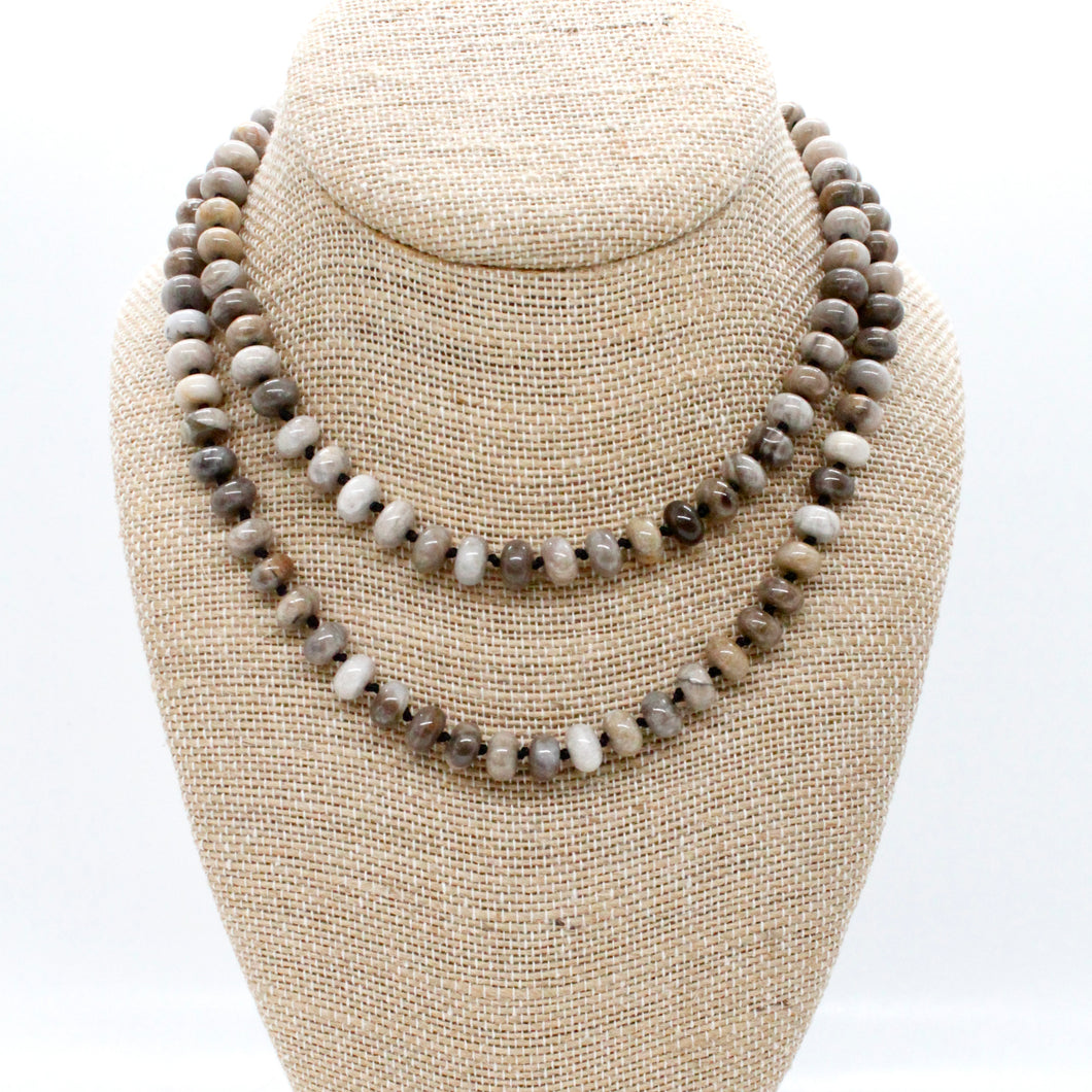 Hand-Knotted Long Silver Leaf Jasper Bead Necklace - NL-SLJ