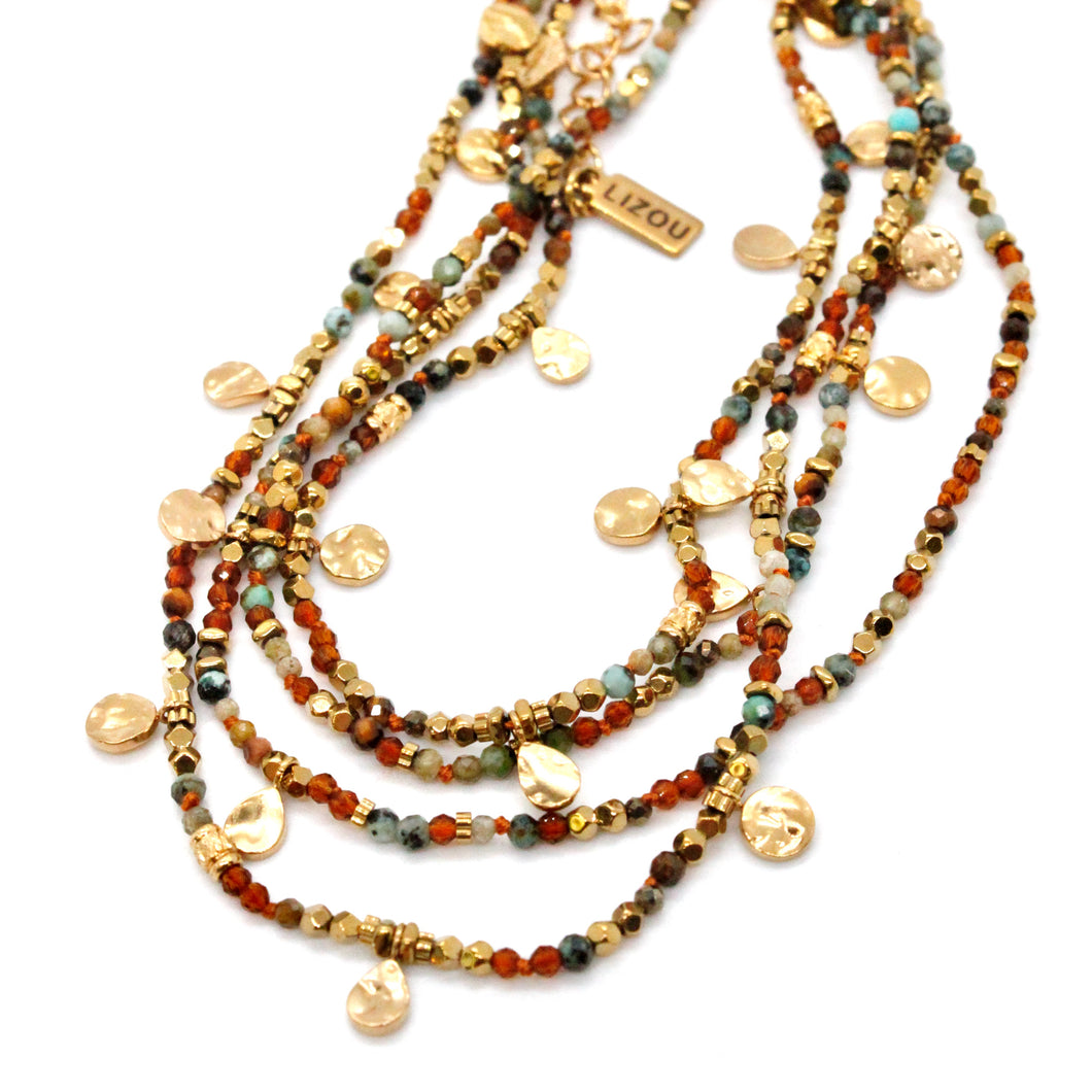 Multi Stone Mix and Mini Gold Coin Wrap Necklace - N2-2617C
