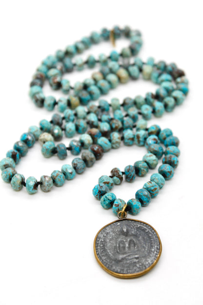 Patina Carved Sitting Buddha 18K Gold Charm Pendant on Stone Knotted Necklace