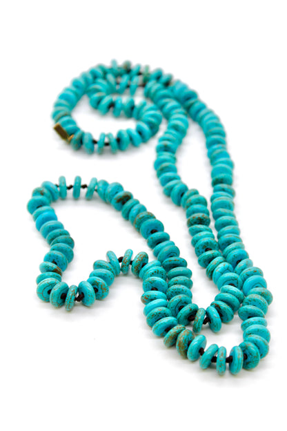 Hand-Knotted Long Thin Turquoise Rondelle Beaded Necklace - NL-RTQ