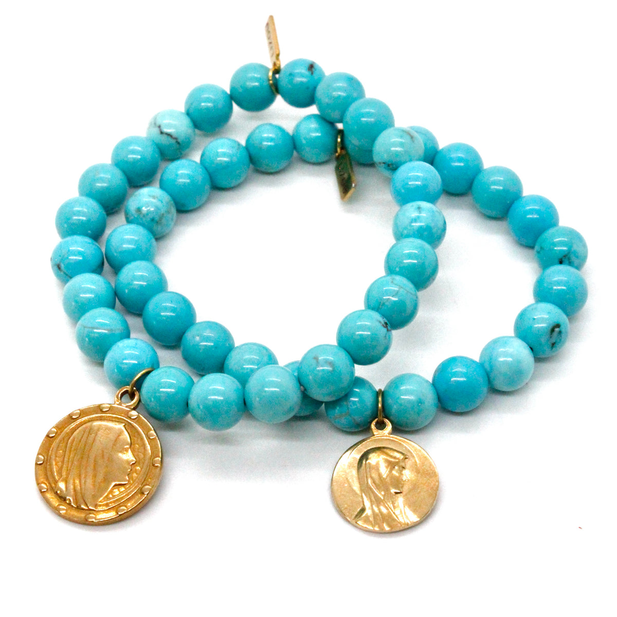 Turquoise Stretch Bracelet with French Religious Charm -French Medals Collection-
