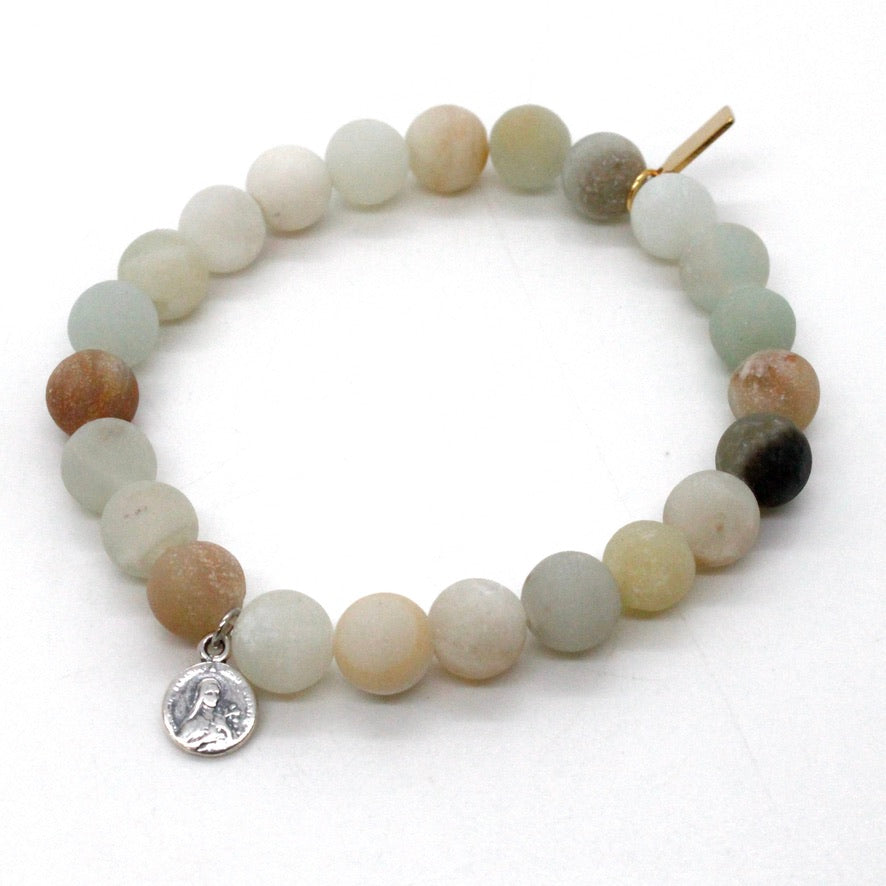 Stretch Semi Precious Stone Bracelet with Sterling Saint Charms -French Medals Collection-