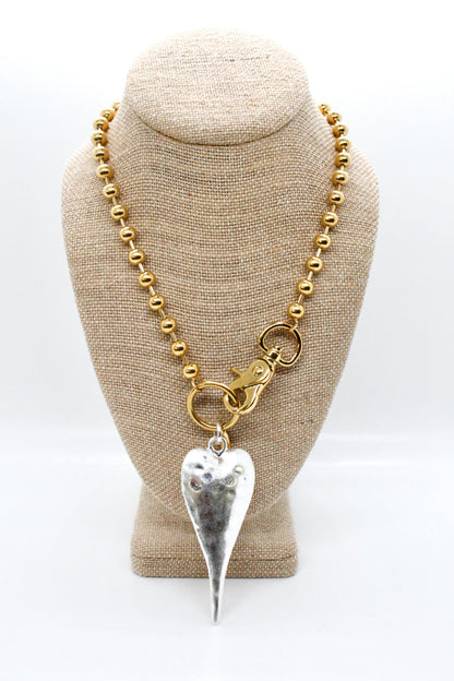 Extra Large Silver Heart Pendant Convertible Gold Chain Necklace
