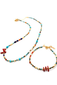 African Turquoise and Red Coral Stone Mix Necklace -French Flair Collection-