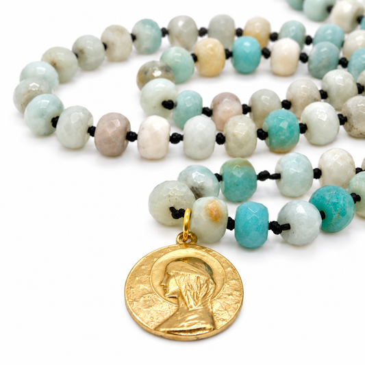 Faceted Amazonite Hand-knotted Long Religious Medal Necklace - FMN02